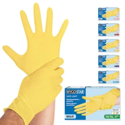 Abbildung von Franz Mensch Hygostar Nitrilhandschuhe Safe Light puderfrei, gelb, 9/L, 24cm, 100 Stück, Einweghandschuhe, Einmalhandschuhe, in Gr. XS, S, M, L, XL &amp; XXL verfügbar