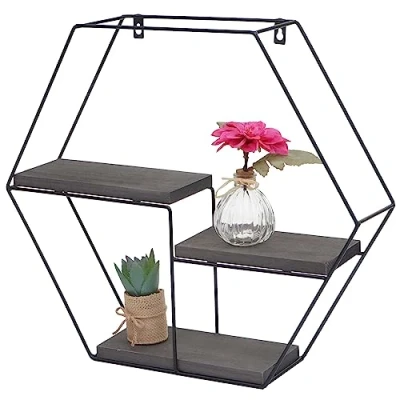 Abbildung von Mendler Wandregal HWC K76, Hängeregal Schweberegal Regal, 3 Regalböden Metall Massiv Holz Industrial 43x49x11cm dunkelgrau