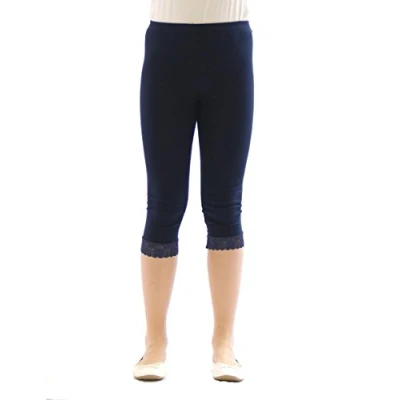 Abbildung von Mädchen Kinder Leggings Leggins Hose Capri 3/4 kurz mit Spitze Baumwolle Dunkel Blau 134
