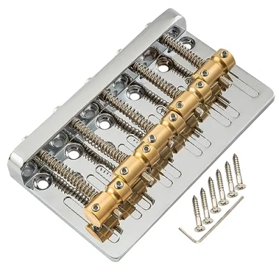 Abbildung von Musiclily Pro 17mm Heavy Duty 5 Saiter Bass Steg Bridge mit Messing Saitenreiter Stahlplatte für Precision/Jazz Bass, Chrom