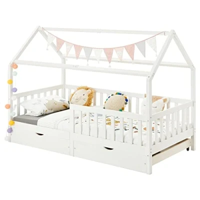 Abbildung von IDIMEX Hausbett NUNA aus massiver Kiefer, Montessori Bett in 90 x 200 cm mit Rausfallschutz, Spielbett Schubladen, modernes Kinderbett Dach weiß