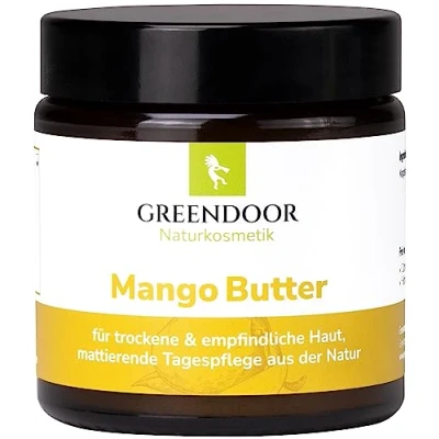 Abbildung von GREENDOOR reine Mangobutter PUR 120ml im Glas für die Gesichtspflege, mattierende vegane Naturkosmetik Feuchtigkeitspflege, physikalisch raffiniert, natürlich ohne Tierversuche, Tattoo Pflege
