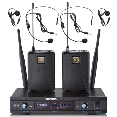 Abbildung von SIKUING Zweikanal UHF Drahtlos Mikrofonsystem, 2x30 einstellbare Frequenzen, Lavalier und Headset Mikrofonsystem für Besprechung, Kirche, 300ft Reichweite (2 Bodypack)