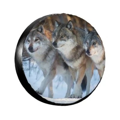 Abbildung von Winter Wildlife Wolf Reserveradabdeckung, Radschutz, wetterfest, wasserdicht, staubdicht, Radabdeckung, universell passend für Wohnmobil, SUV, LKW, Camper, Wohnwagen, 15 Zoll
