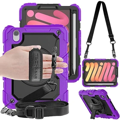 Abbildung von TECHGEAR Utility Hülle für iPad Mini 6 2021 6. Generation (8.3 Zoll) Robust Heavy Duty Stoßfeste Schutzhülle mit 360 Grad Schwenk ständer, Hand Schultergurt Eingebaut Bildschirm Lila