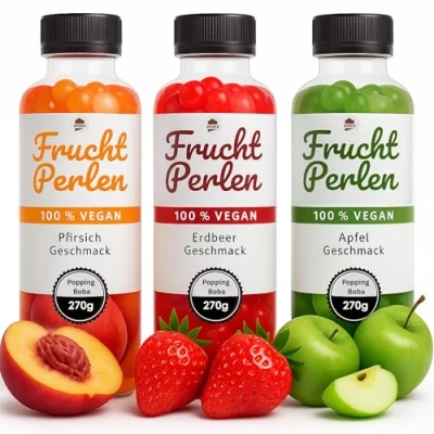 Abbildung von ONHA Bubble Tea Perlen Set 3er Pack mit Popping Boba Fruchtperlen fruchtige Tapioka servierfertig 100% vegan und glutenfrei Erdbeere, Pfirsich, Apfel