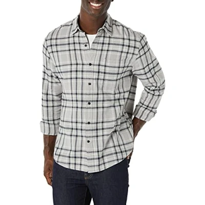 Abbildung von Amazon Essentials Herren Langarmhemd aus Flanell (in Übergröße erhältlich), Schwarz Hellgrau Karomuster, XXL