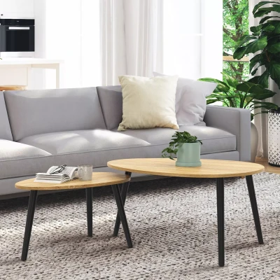 Abbildung von IDMarket Set mit 2 Couchtischen Gaia, Holz und schwarze Füße, skandinavisch