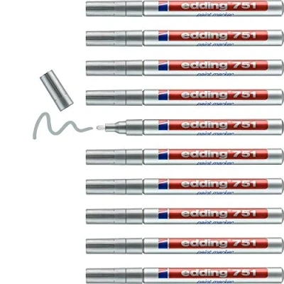 Abbildung von edding 751 Lackmarker silber 10 Rundspitze 1 2 mm Lackstift für Glas, Stein, Holz, Kunststoff und Papier wasserfest, stark deckend
