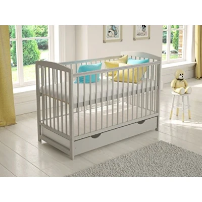Abbildung von Love For Sleep Grau Babybett Gitterbett mit Schublade 120 x 60 + Schaumstoffmatratze Sicherheitsgitter aus Holz Schutzhülle