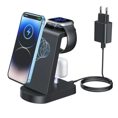 Abbildung von Kabellose Ladestation,Wireless Charger 3 in 1 induktive Kabelloses Ladegerät mit 18W Adapter,kompatibel iPhone 14/13/12/11 Pro/Pro Max/XS/XR/X Apple Watch 8/7/6/5/4/3/2/SE AirPods Pro/3/2/1