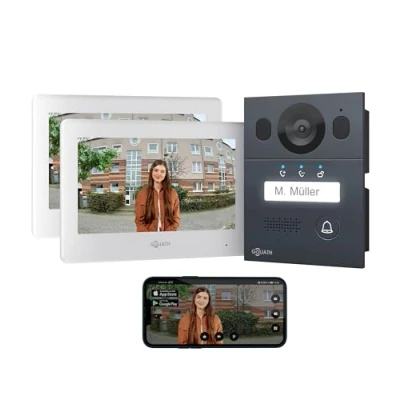 Abbildung von Goliath Basic Video Türsprechanlage, 2 Draht Bus, 2X 7 Monitor, Aufputz Türklingel mit Kamera, Gegensprechanlage Türöffner und Klingel, 1 Familienhaus, Plug &amp; Play, Smartphone App, AV BLS 09A