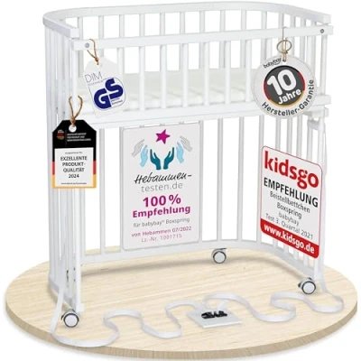 Abbildung von babybay Boxspring Beistellbett aus massivem Buchenholz/kompakt &amp; verwandelbar/Kinderbett Höhe stufenlos verstellbar/mitwachsendes Babybett (weiß lackiert) / inkl. Matratze, Gitter, Rollen