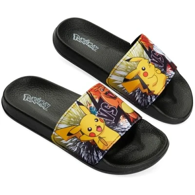 Abbildung von Pokemon Pantoletten Kinder Schlappen, Sandalen für Strand, Schwimmbad Geschenke Jungs (Schwarz/Orange, 35 36 EU)