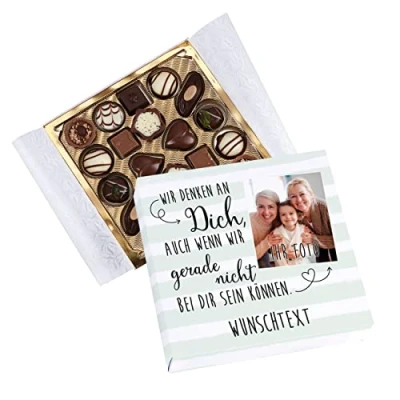 Abbildung von Herz &amp; Heim® Lindt Pralinen zur Aufmunterung mit Wunschtext und Foto Wir denken an Dich