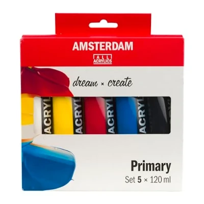 Abbildung von Amsterdam Standard Serie Acrylfarben Set Farbtheorie Mischset (5 x 120 ml Tuben) Grundfarben + Schwarz &amp; Weiß