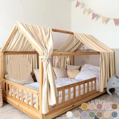Abbildung von lilimaus Betthimmel Musselin Hausbett Himmel für Kinderzimmer Baumwolle Gold Vorhang, aus Deko