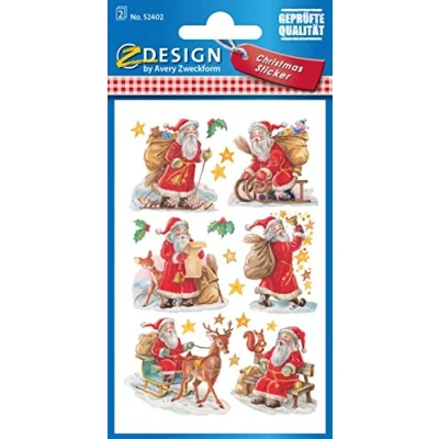 Abbildung von AVERY Zweckform 12 Aufkleber Weihnachten Weihnachtsmann (Made in Germany, Nikolaus, Weihnachtssticker glitzernd aus Papier, selbstklebende Weihnachtsdeko Karten, Geschenke) 2 Bogen/je 6 Sticker, 52402