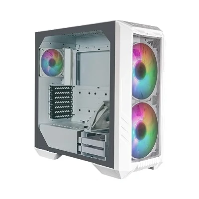 Abbildung von Cooler Master HAF 500 weißes PC Gehäuse Midi Tower mit 2 vorinstallierte 200mm ARGB Lüfter, drehbarer 120mm GPU vielseitige Kühloptionen, Seitenwand aus gehärtetem Glas, abnehmbare Oberseite