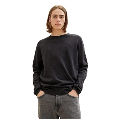 Abbildung von TOM TAILOR Denim Herren 1039943 Basic Crew Neck Strick Pullover, 10617 Black Grey Melange, L