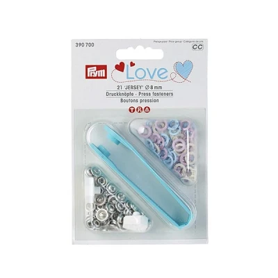 Abbildung von Druckknöpfe LOVE 21 Stück Jersey 8 mm rosa / hell blau creme gemischt