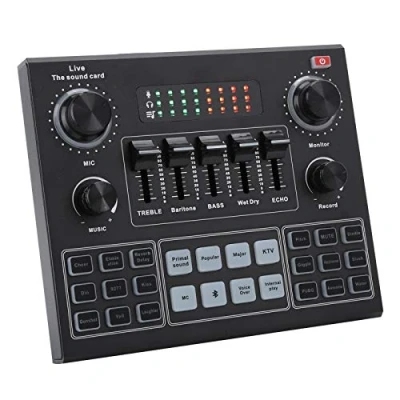 Abbildung von Bluetooth Soundkarte Stereo Audio Mixer, V9 Voice Changer Sound Mixer mit Effekten für Computerspiele Handy Live Broadcast