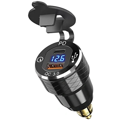Abbildung von USB Din Hella Steckdose Adapter für BMW Motorrad: C PD 30W Ladegerät 12V Wasserdicht EU Typ Stecker QC3.0 Anschluss mit LED Voltmeter iPhone DC 12 24 Volt Europäisch Ducati Triumph