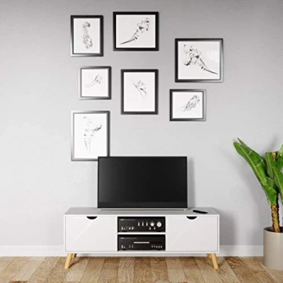 Abbildung von Phoenix Scandi Lowboard mit 2 offenen Fächern und Türen Soft Close Massivholzfüssen, MDF lackiert, Weiss matt, Natur, 145x51x45