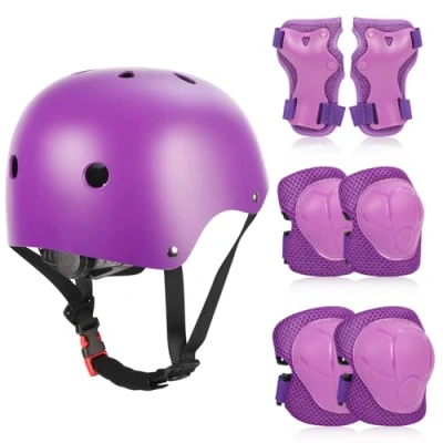 Abbildung von ZWOOS Kinder Knieschoner Set mit Helm, Inliner Schutzausrüstung 3 10 Jahre, Knieschützer Kinder, Knie Und Ellenbogenschützer für Skateboard Fahrrad Rollschuh (Lila)