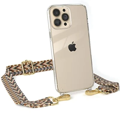 Abbildung von EAZY CASE Handykette Verstellbares Taschenband kompatibel mit iPhone 13 Pro Max, Schulterriemen, Handykordel Silikon Hülle, Umhängetasche, Hell Braun/Braun Endstücke Gold