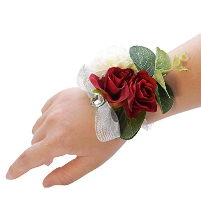 Abbildung von Shiwaki 2 Stück Hochzeitszubehör Dekoration Mädchen Brautjungfer Handgelenk Blumen Ball Party Hochzeit Geschenke (rot)