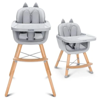 Abbildung von CoziBB Hochstuhl Baby, 4 in 1 Kinderhochstuhl mit 5 Punkt Sicherheitsgurt, Fußstütze, Abnehmbarem Tablett, Rutschfesten Beinkappen, Babystuhl für 6 36 Monate,Grau