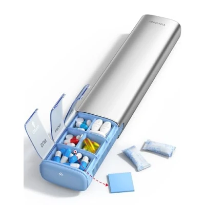 Abbildung von VAYDEER Pillendose Tablettenbox 7 Tage Pill Organizer [Trockensicher] [Große Kapazität] [Tablettenbox 2 mal täglich] [Metall Reise Pillendose] Tabletten klein Medikamentenbox, Silbrig