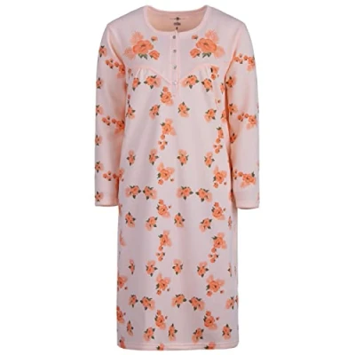 Abbildung von Nachthemd Damen Thermo Langarm Blumen Winter Knöpfe Größe M L XL XXL, Größe:XL, Farbe:Apricot