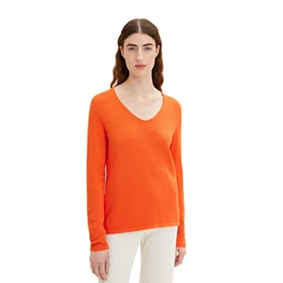Abbildung von TOM TAILOR Damen Basic Strickpullover mit V Ausschnitt, 15612 Fever Red, XXS