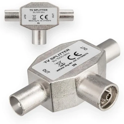 Abbildung von HB DIGITAL TV Verteiler für Kabel DVB C + Terrestrischen Empfang T2 Splitter 2 Wege T Adapter Metallgehäuse Antenne 1x Eingang IEC Buchse weiblich 2X Ausgang Stecker männlich