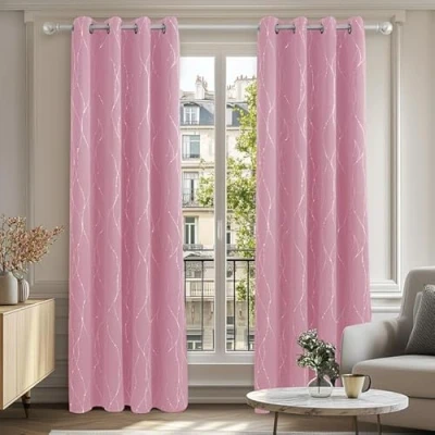Abbildung von Deconovo Superweiche Verdunkelungsvorhänge, silberfarbene Wellenlinien, Bedruckt mit Ösen, für Kinderzimmer, wärmeisolierend, 132 x 183 cm, Rosa, 2 Stück