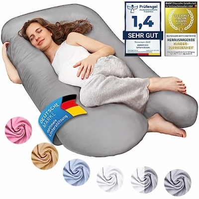 Abbildung von SMOOTHY XXL Schwangerschaftskissen Seitenschläferkissen, Lagerungskissen, Baby Kissen &amp; Stillkissen in U Form mit abnehmbarem waschbarem Bezug aus 100% Baumwolle (Classic XXL, 150 x 80 cm, Grau)