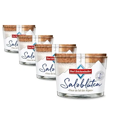 Abbildung von Bad Reichenhaller Salzblüten 4 x 100g Fleur de Sel der Alpen Set Salz handgeschöpft und naturbelassen reinste Qualität feiner Geschmack Kristallstruktur hochwertiges Premiumsalz für Gourmets