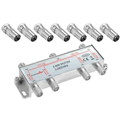 Abbildung von Poppstar Sat Verteiler Antennenverteiler Splitter Umschalter 6 Fach inkl. IEC Stecker (analog/digital/BK/unicable/HD/4K tauglich) für TV,Antenne,Satellit,Kabel,Fernseher,Radio,LNB