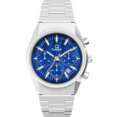 Abbildung von Timex Q Falcon Eye Chronograph Herren Armbanduhr, 40 mm, Edelstahlarmband, blaues Zifferblatt, Edelstahlgehäuse TW2W33700