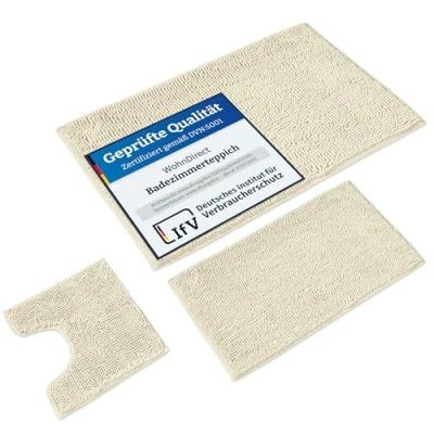 Abbildung von WohnDirect Badematten Set 3 teilig Creme WC Vorleger (45x45cm), Badematte (50x80cm,70x120cm) rutschfest waschbar Badezimmerteppich MIT Ausschnitt