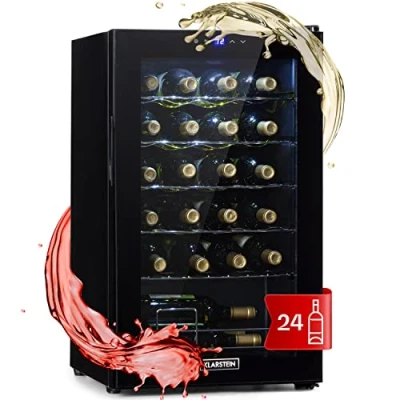 Abbildung von Klarstein Weinkühlschrank, 1 Zonen Getränkekühlschrank Klein, Kleiner Weinschrank 63L, Wein Kühlschrank Klein mit Glastür, Indoor/Outdoor Flaschenkühlschrank, Wine Fridge 5 18C, 24 Flaschen