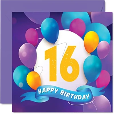 Abbildung von Geburtstagskarte zum 16. Geburtstag für Jungen und Mädchen Ballon Party Happy Birthday Cards 16 Jahre alte Teenager, Jungen, Mädchen, Bruder, Schwester, Sohn, Tochter, Enkelin, 145 mm x