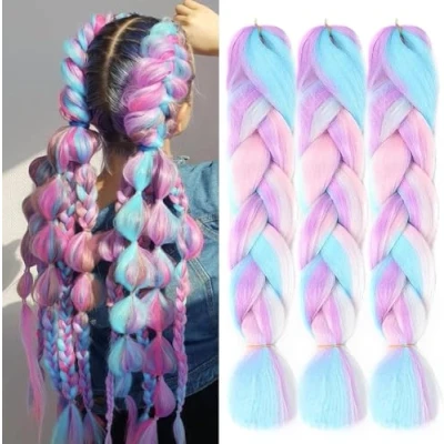 Abbildung von FANWYFYU Jumbo Braid Synthetic Hair 3 Pieces 24 Inches Kanekalon Braiding Extensions for Crochet Twist Hair（White/Pink/Light Blue/Light Purple）