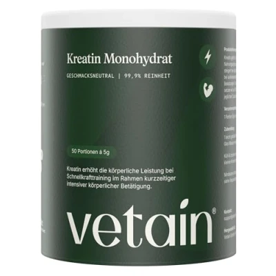 Abbildung von Vetain Premium Creatin Monohydrat Pulver 250 g Reines, ultrafeines Kreatin 100% Vegan Laborgeprüft Ohne Zusätze hochdosiertes Creatine für mehr Energie