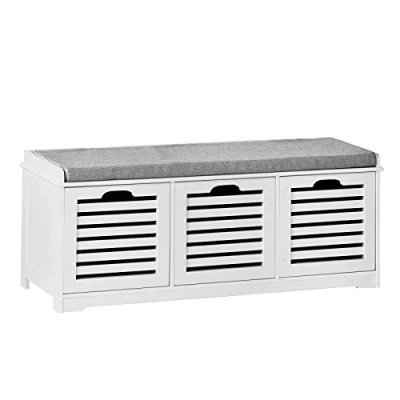 Abbildung von SoBuy FSR23 W Moderne Schuhtruhe Sitzkommode mit 3 Körben Sitzbank Schuhschrank Sitzkissen Spieltruhe BHT ca: 105x43x35cm, Holzwerkstoff, Weiß