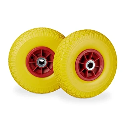 Abbildung von Relaxdays 2X Sackkarrenrad, pannensichere Vollgummireifen, 3.00 4 Zoll, 20mm Achse, bis 80 kg, 260 x 85 mm, gelb rot