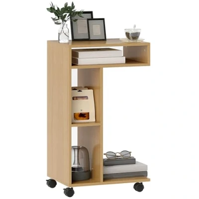 Abbildung von HOMCOM Multifunktionale C Form Beistelltisch Sofa mit Rädern Offene Fächer für Wohnzimmer Schlafzimmer Büro 40x30x69 cm Eiche