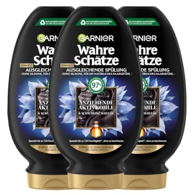 Abbildung von Garnier Wahre Schätze Ausgleichende Spülung, Formel mit Aktivkohle und Schwarzkümmelöl, für schnell fettende Kopfhaut trockene Haarlängen, 3 x 200 ml
